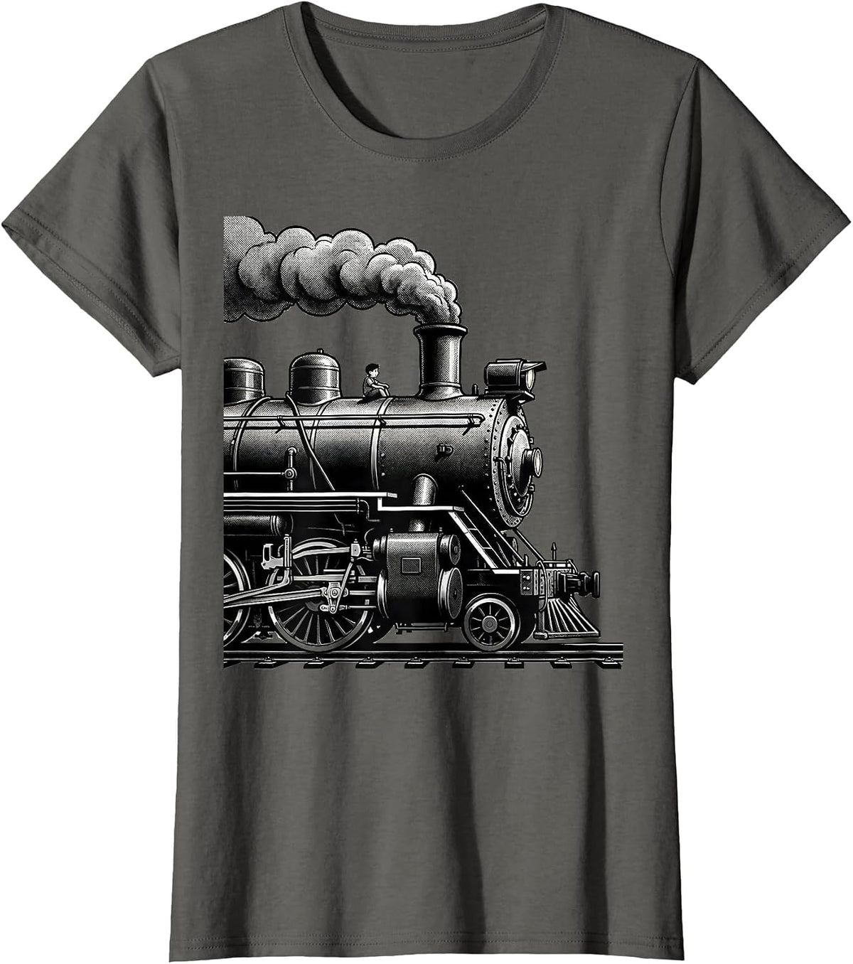 Women's Steam Locomotive Line Art Train Enthusiast Humor T-Shirt - Asphalt Grey
