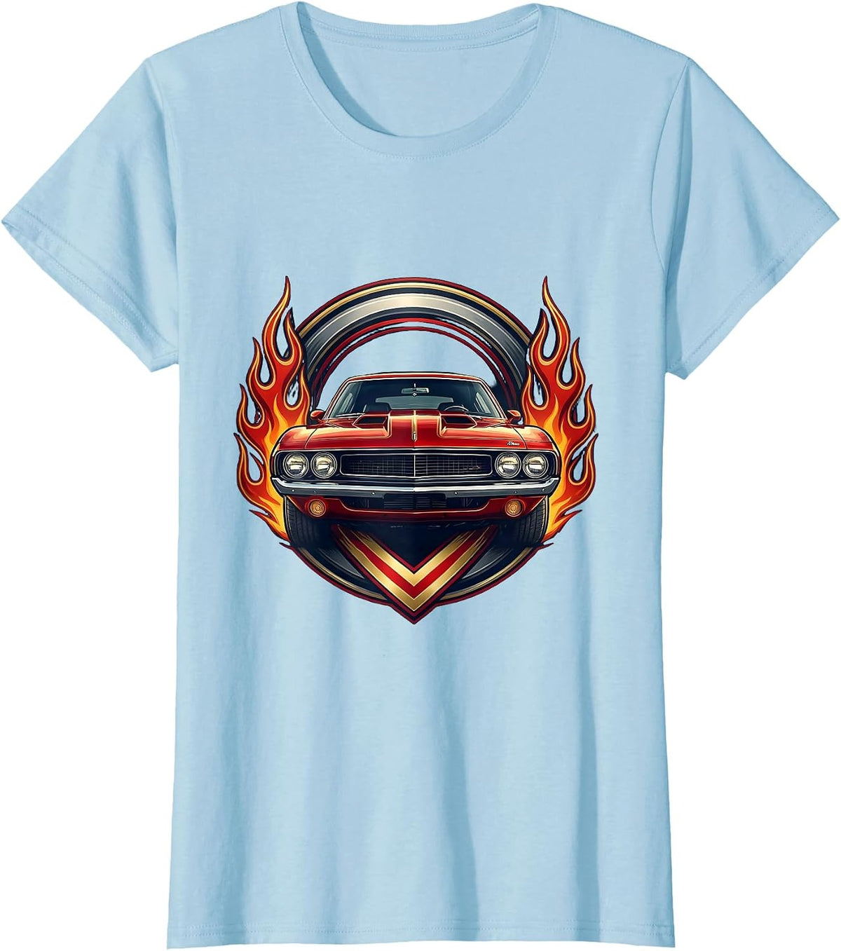 Classic Muscle Car Racing Flames American Design T-Shirt - Baby Blue