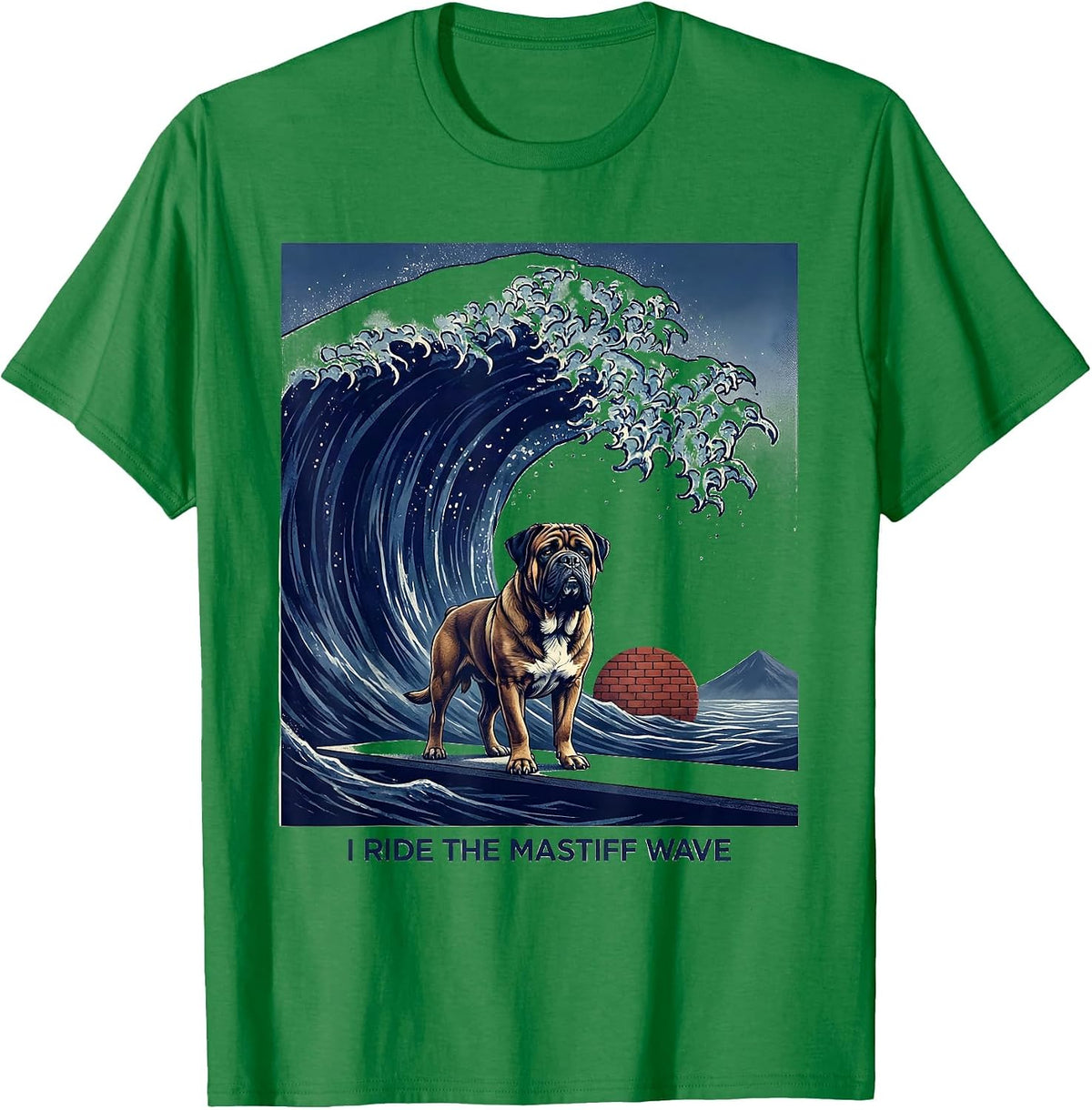 Men's I Ride The Mastiff Wave Funny Dog Breed Surfing Japanese Art T-Shirt - Kelly Green