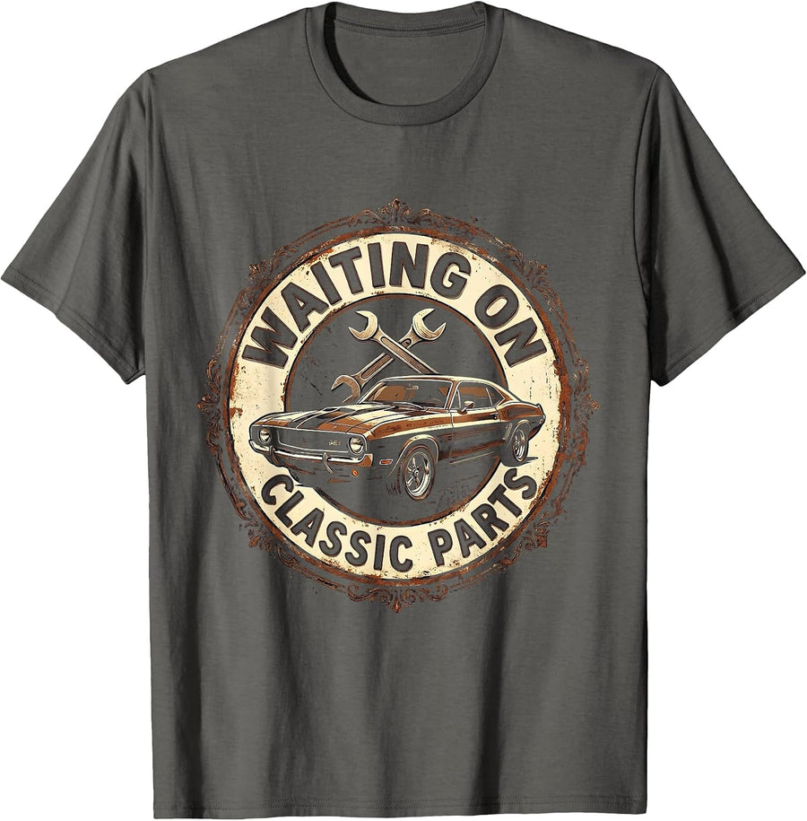 Waiting On Classic Parts Vintage Mechanic Design T-Shirt - Asphalt Grey
