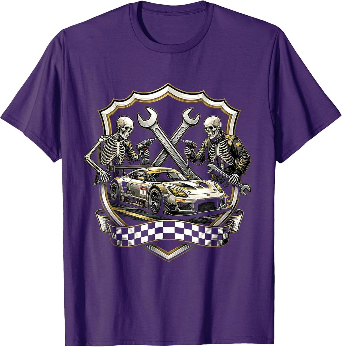 Race Car Skeleton Crew Pit Stop Graphic Tee T-Shirt - Purple
