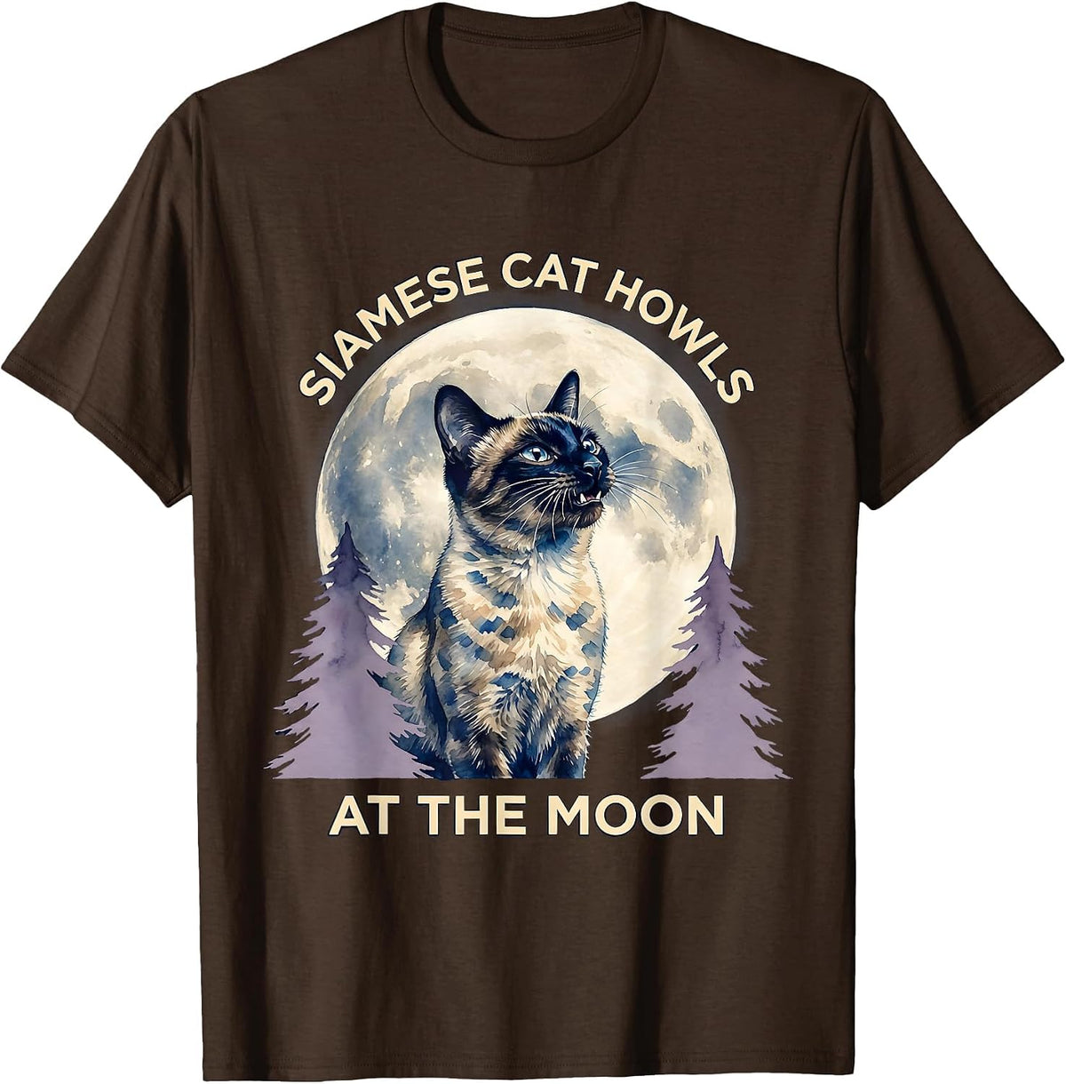 Men's Siamese Cat Howls at the Moon Funny Retro Novelty T-Shirt - Brown