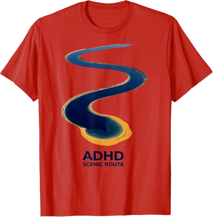 Men's ADHD Scenic Route Editorial Conceptual Neurodiversity T-Shirt - Red