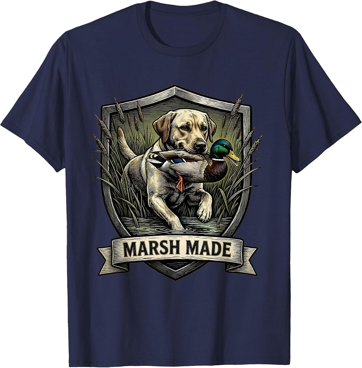 Men's Marsh Made Woodcut Engraving Labrador Duck Hunting Youth T-Shirt - Navy Blue