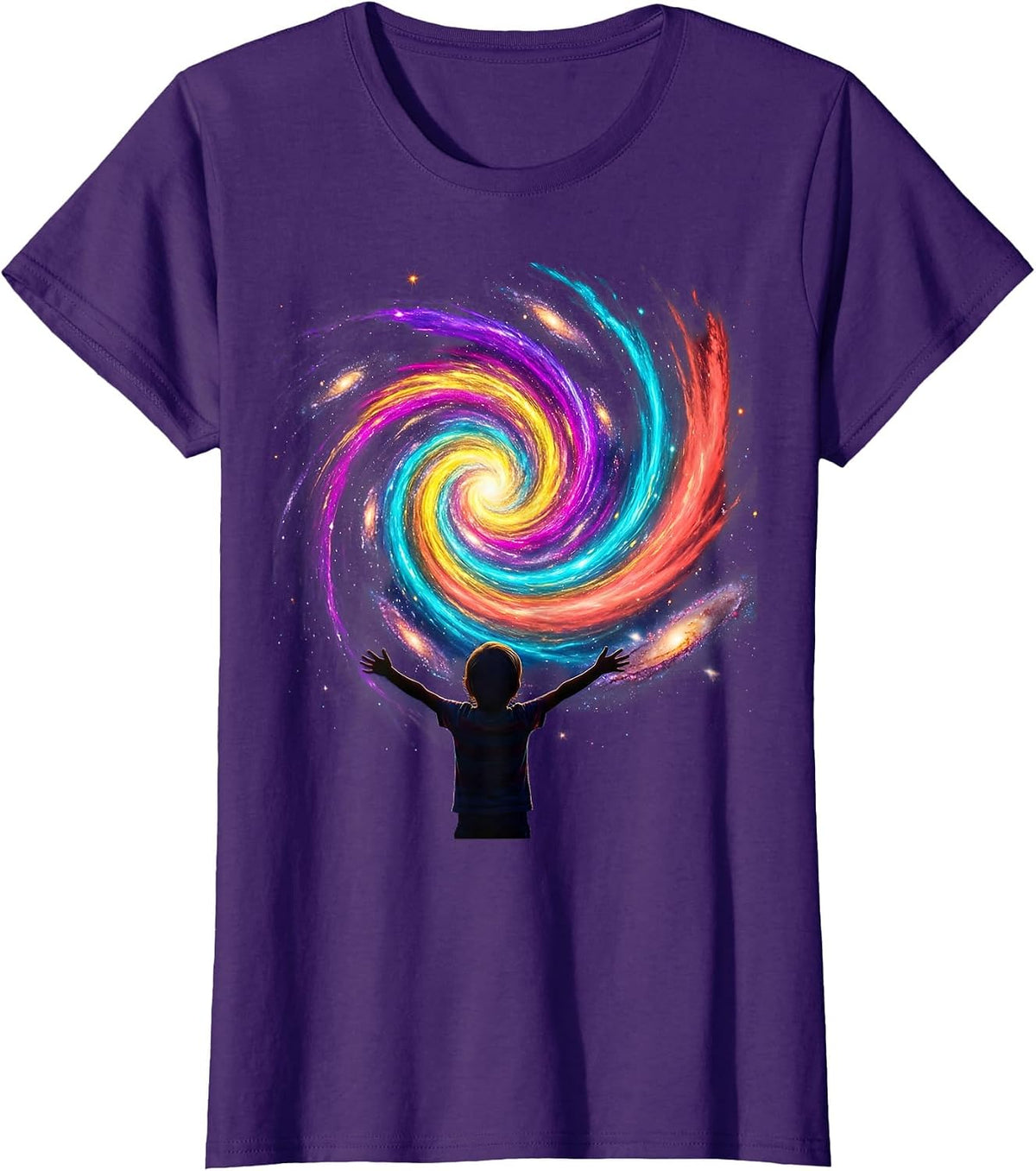 Child Gazing Into Swirling Galaxy Neurodiversity Art T-Shirt - Purple