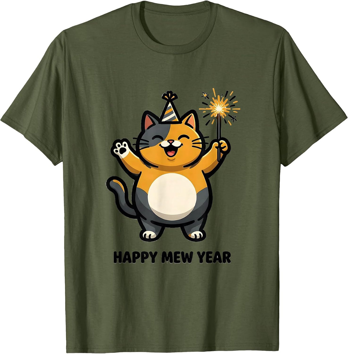 Happy Mew Year Funny Cat Lover Cartoon New Year Humor T-Shirt - Olive Green