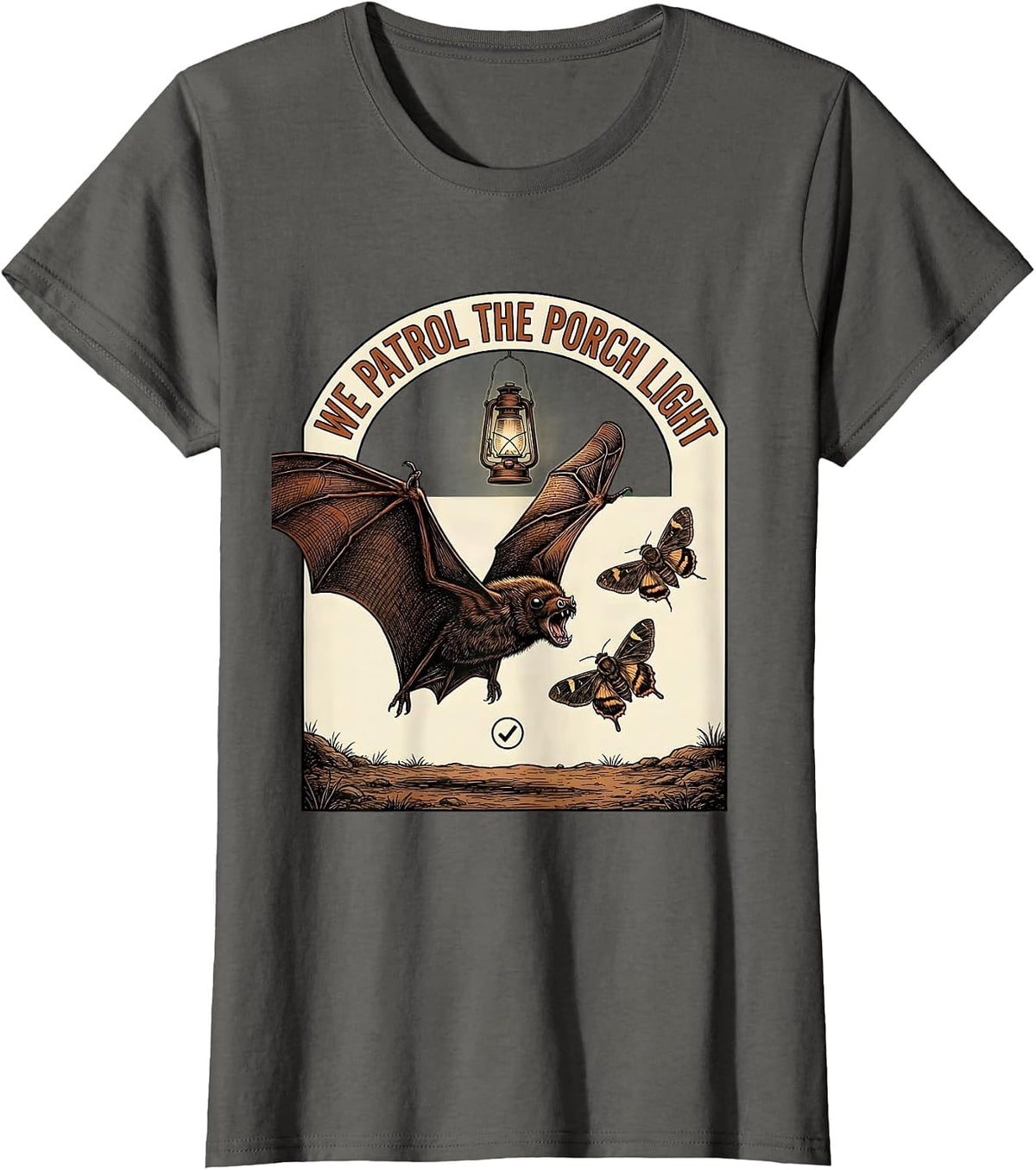 Women's We Patrol The Porch Light Vintage Bat Lover Halloween T-Shirt - Asphalt Grey