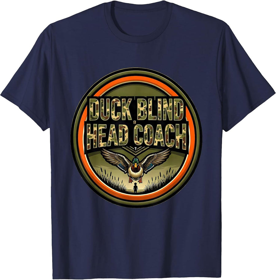 Duck Blind Head Coach Funny Duck Hunting Dad Camouflage T-Shirt - Navy Blue