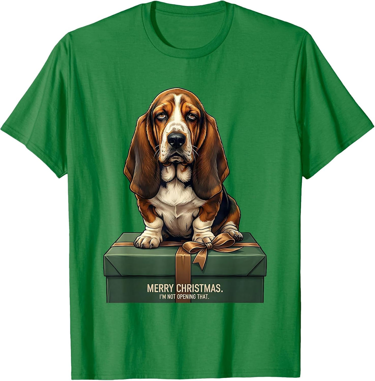 Men's Merry Christmas I'm Not Opening That Funny Basset Hound Dog T-Shirt - Kelly Green