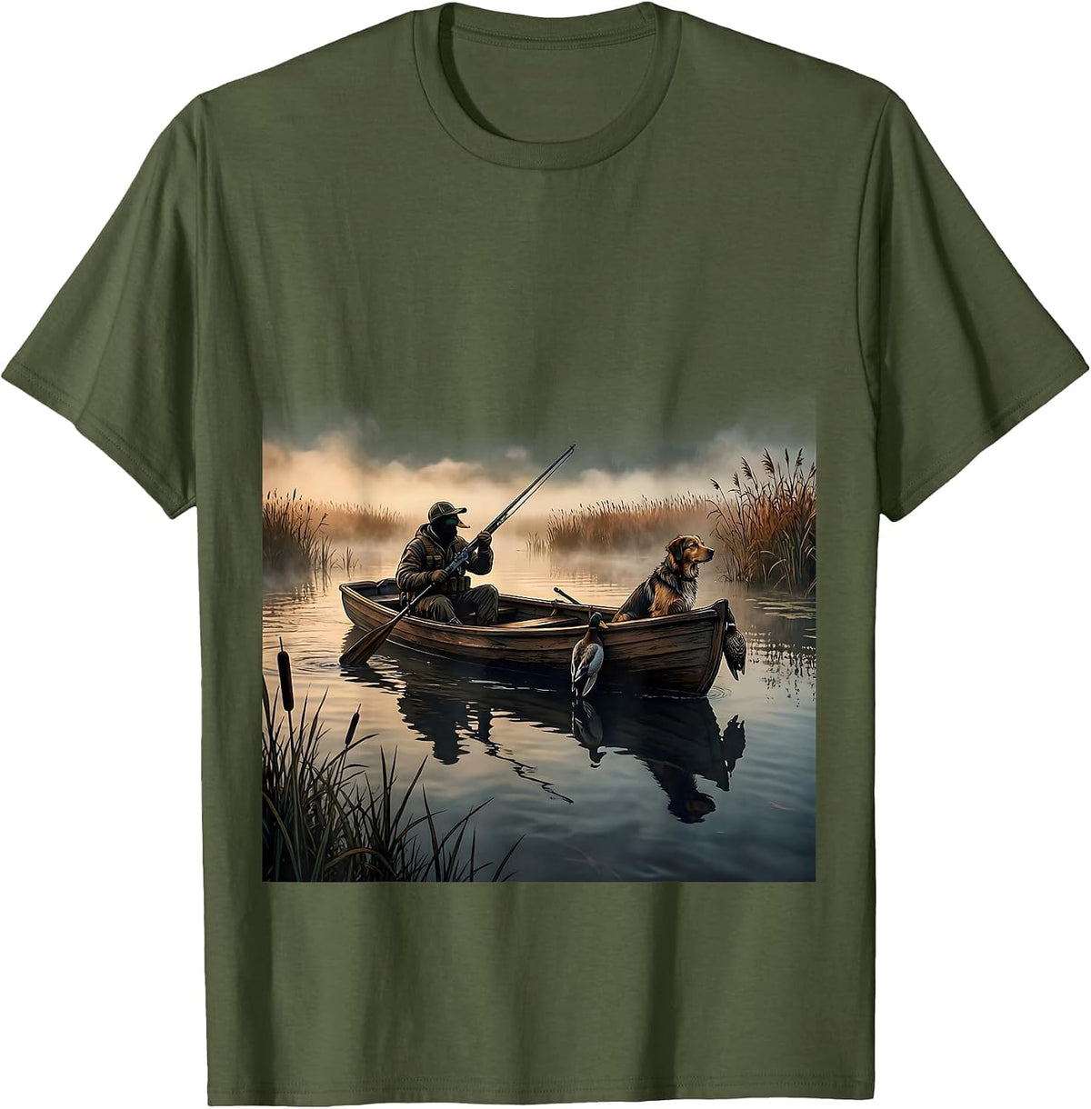 Duck Hunter Rowing Through Morning Fog Illustration T-Shirt - Olive Green
