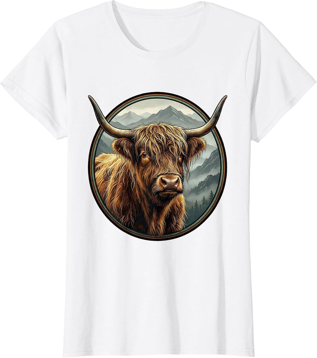 Highland Cow Misty Mountain Illustration T-Shirt - White