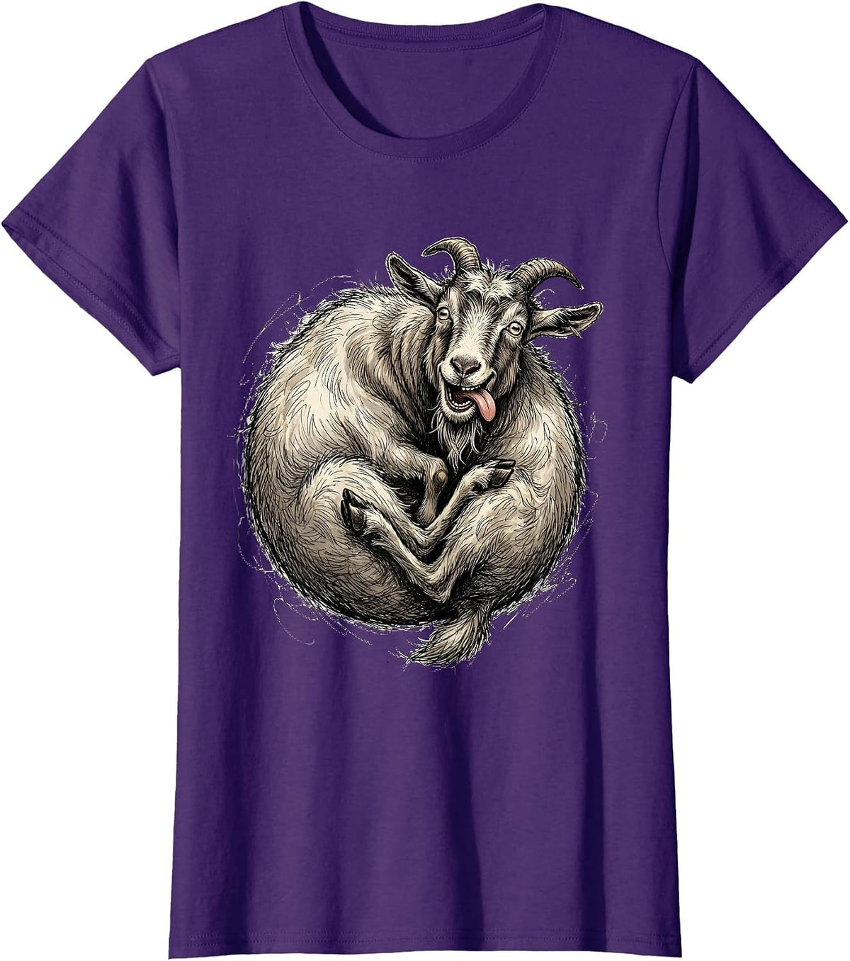 Women's Derpy Goat Eating Its Own Tail Funny Art T-Shirt - Purple