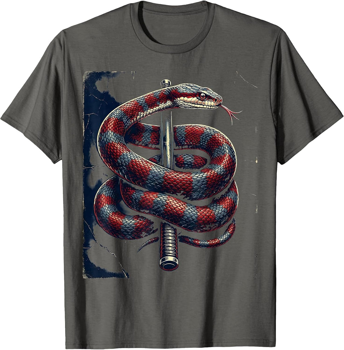 Men's Thin Blue Line Snake Coiled Around Baton Design T-Shirt - Asphalt Grey