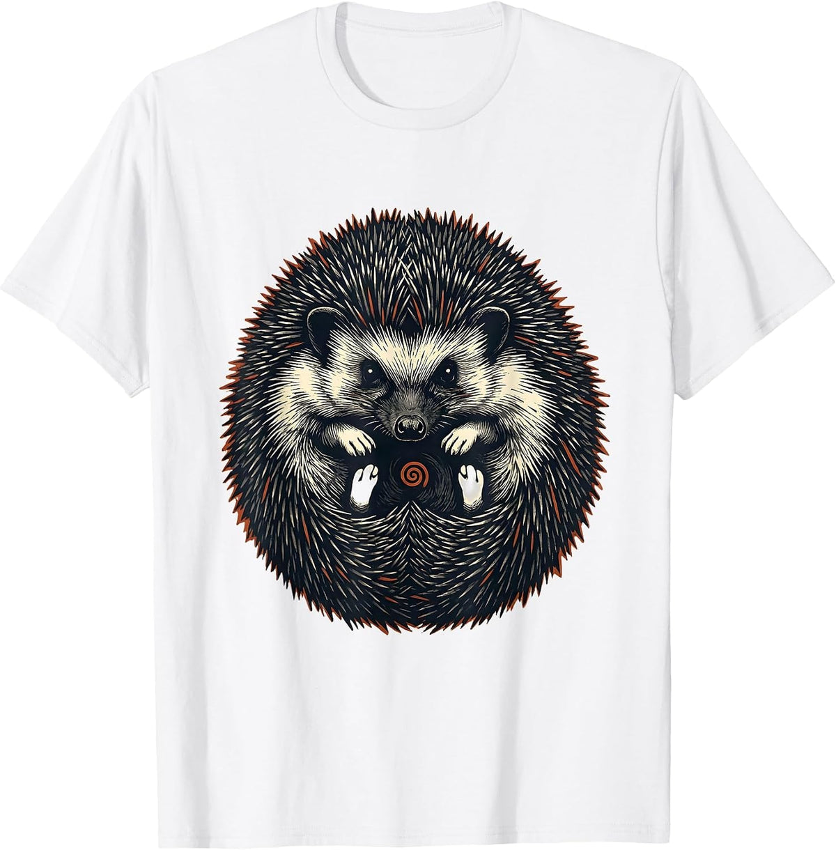 Men's Cute Curled Hedgehog Linocut Animal Lover Gift T-Shirt - White