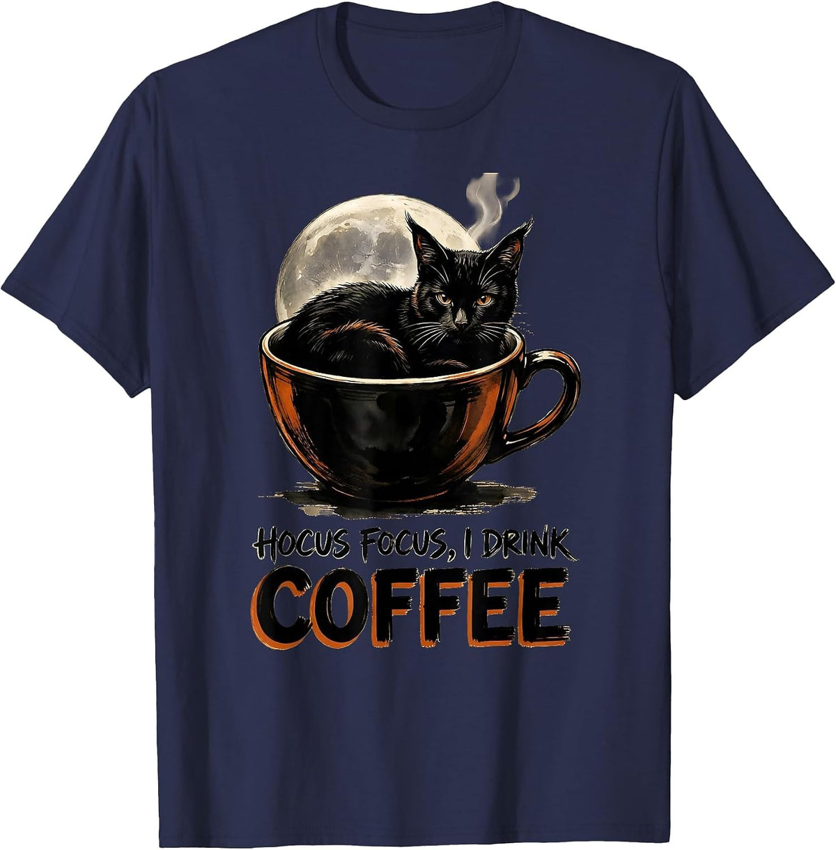 Men's Hocus Focus I Drink Coffee Funny Witch Cat Halloween Teacher T-Shirt - Navy Blue