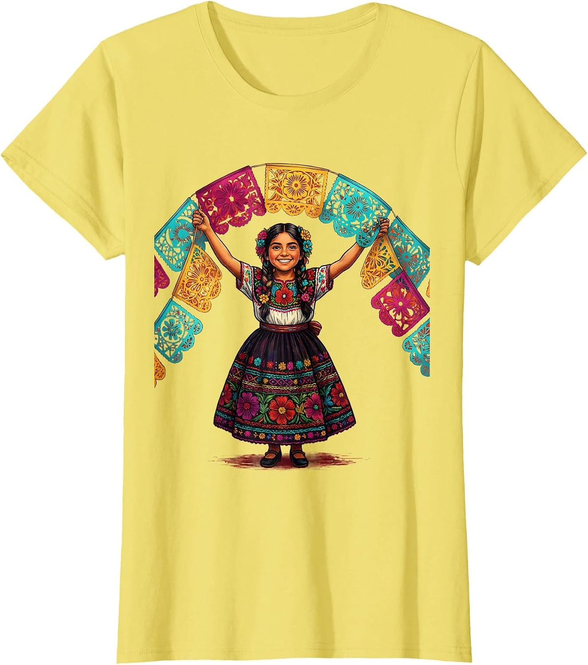 Women's Mexican Papel Picado Girl Fiesta Graphic T-Shirt - Lemon Yellow