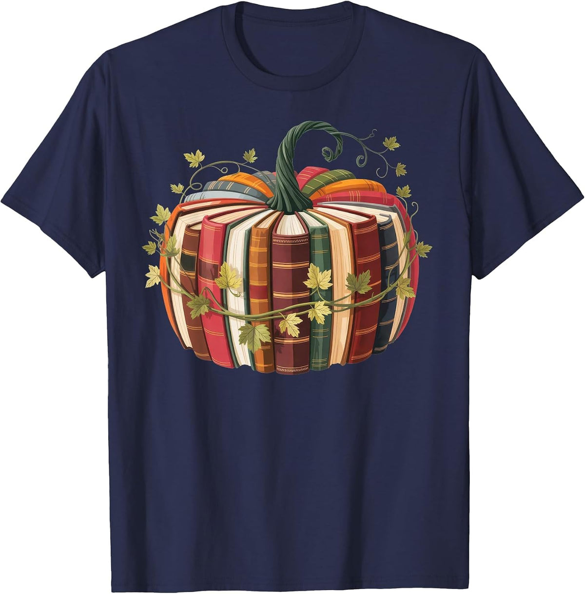 Fall Book Pumpkin Retro Reading Halloween Teacher T-Shirt - Navy Blue