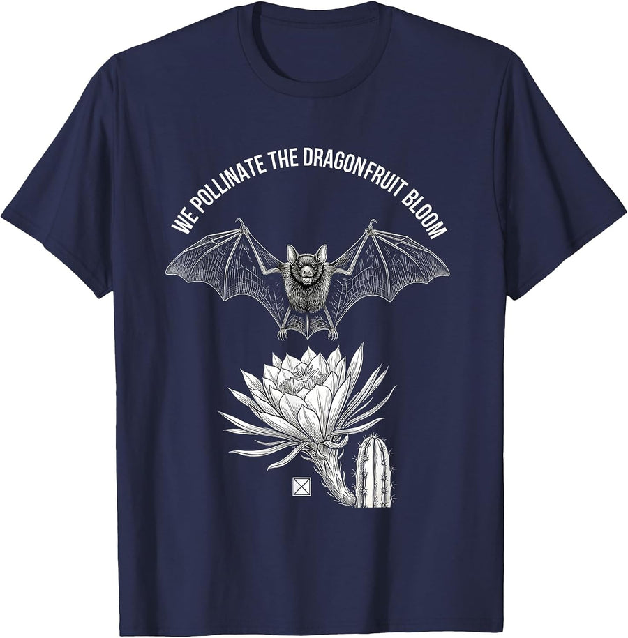 We Pollinate The Dragon Fruit Bloom Bat Lover Wildlife T-Shirt - Navy Blue