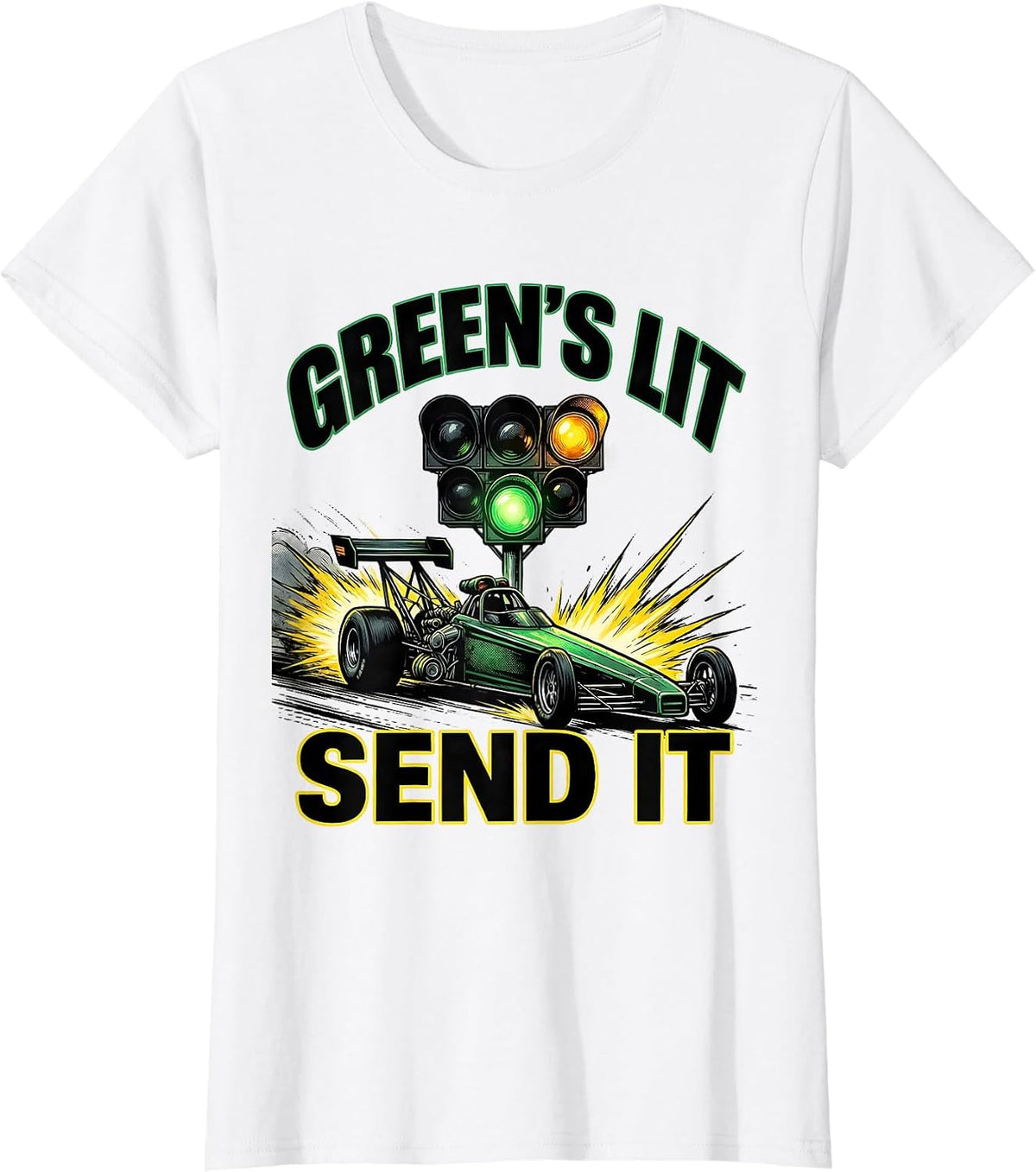 Green's Lit Send It Comic Book Drag Racing Humor T-Shirt - White