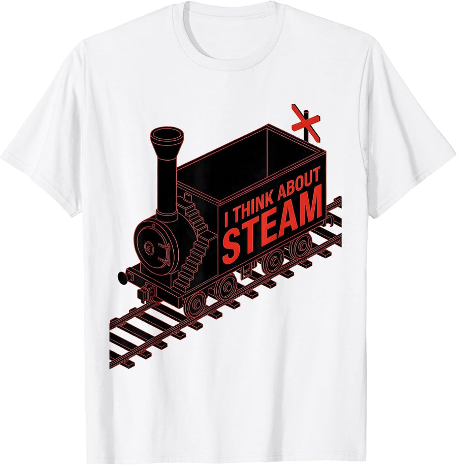 Men's I Think About Steam Geometric Vintage Steam Locomotive Train T-Shirt - White