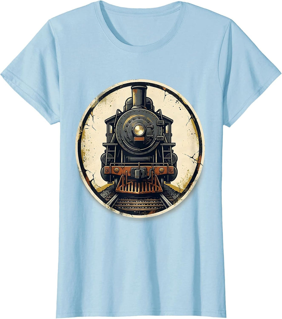 Women's Steam Locomotive Badge Distressed Train Enthusiast Gift T-Shirt - Baby Blue