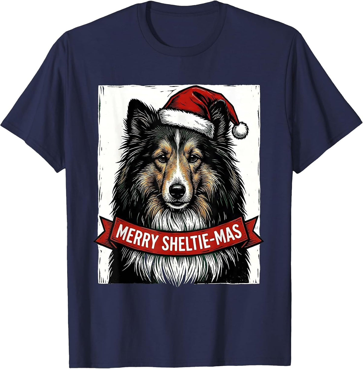 Merry Sheltie-mas Linocut Christmas Dog Breed Humor T-Shirt - Navy Blue