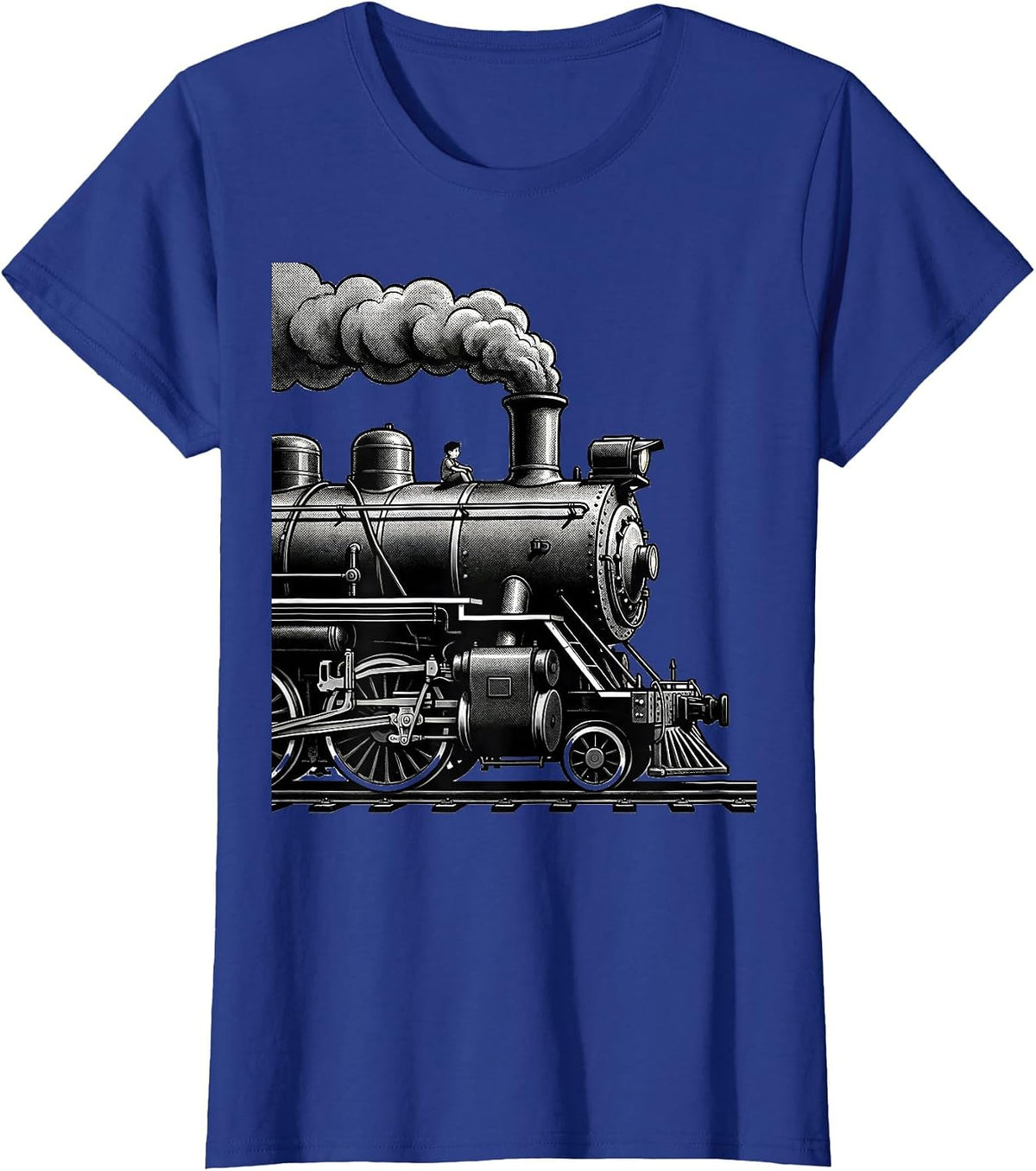 Women's Steam Locomotive Line Art Train Enthusiast Humor T-Shirt - Royal Blue