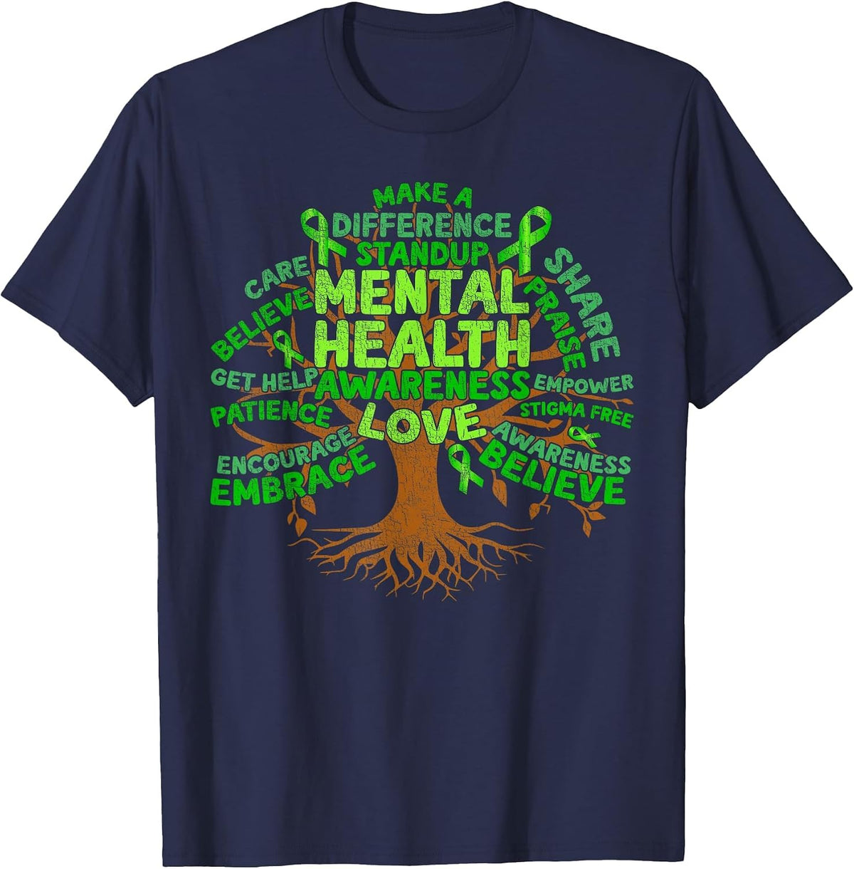 Motivational Support Green Tree Mental Health Awareness T-Shirt - Navy Blue