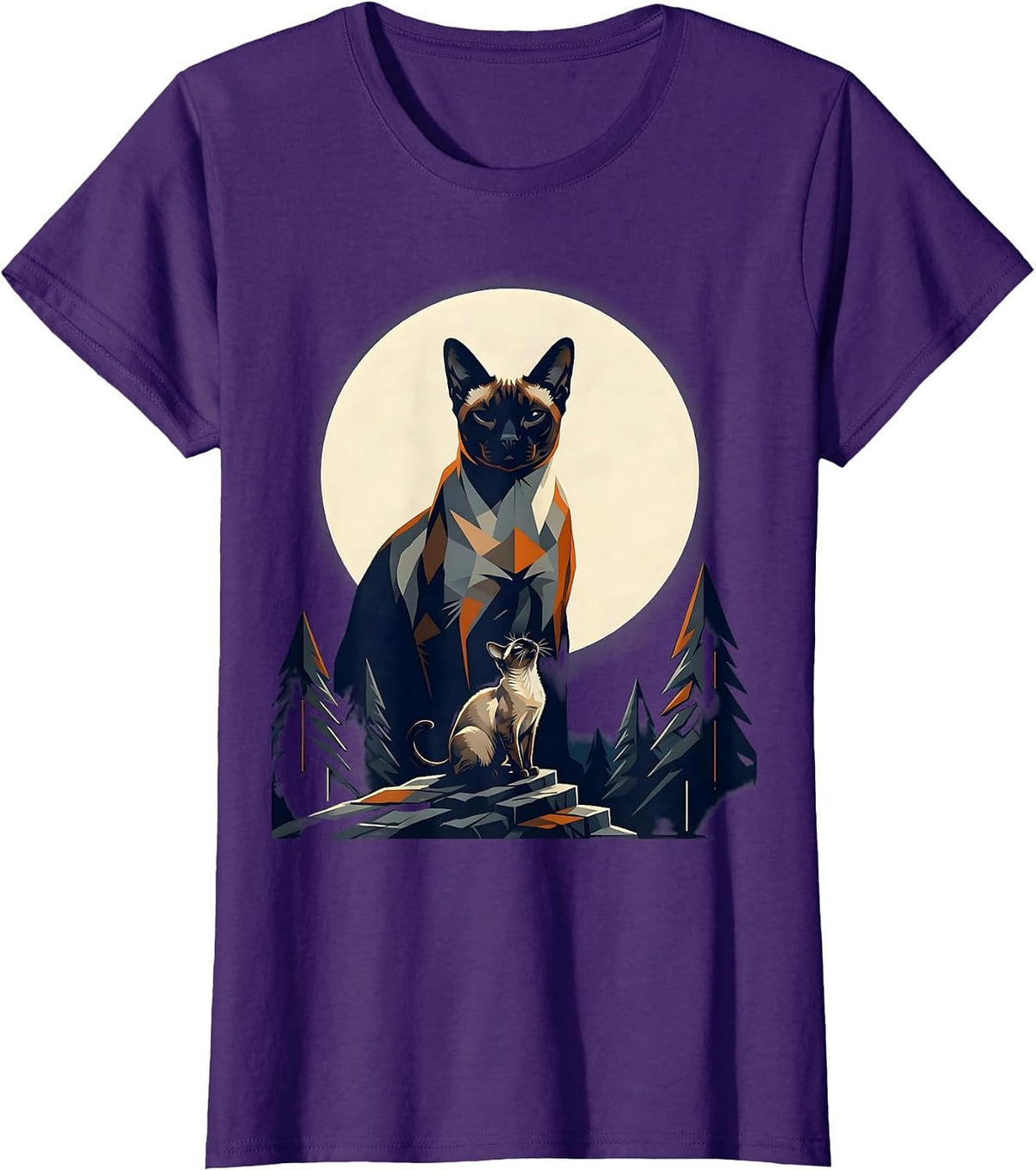 Women's Siamese Cat Howling at Moon Fantasy Nostalgia T-Shirt - Purple