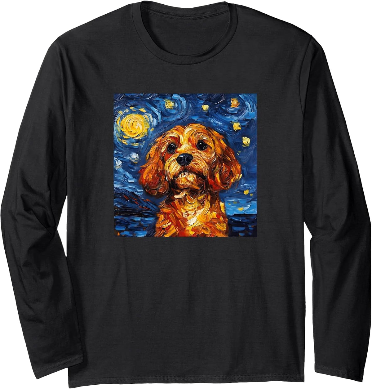 Cute Cavapoo Starry Night Dog Art Long Sleeve T-Shirt - Adult Unisex Black