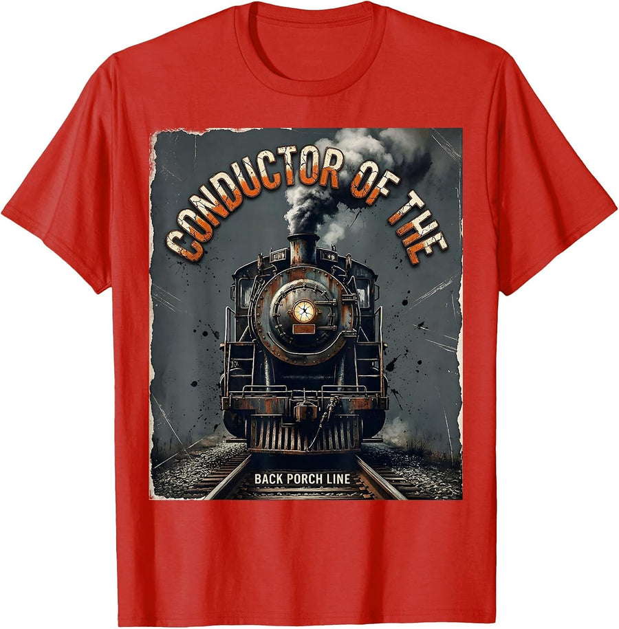 Men's Conductor Of The Back Porch Line Distressed Train Hobbyist T-Shirt - Red