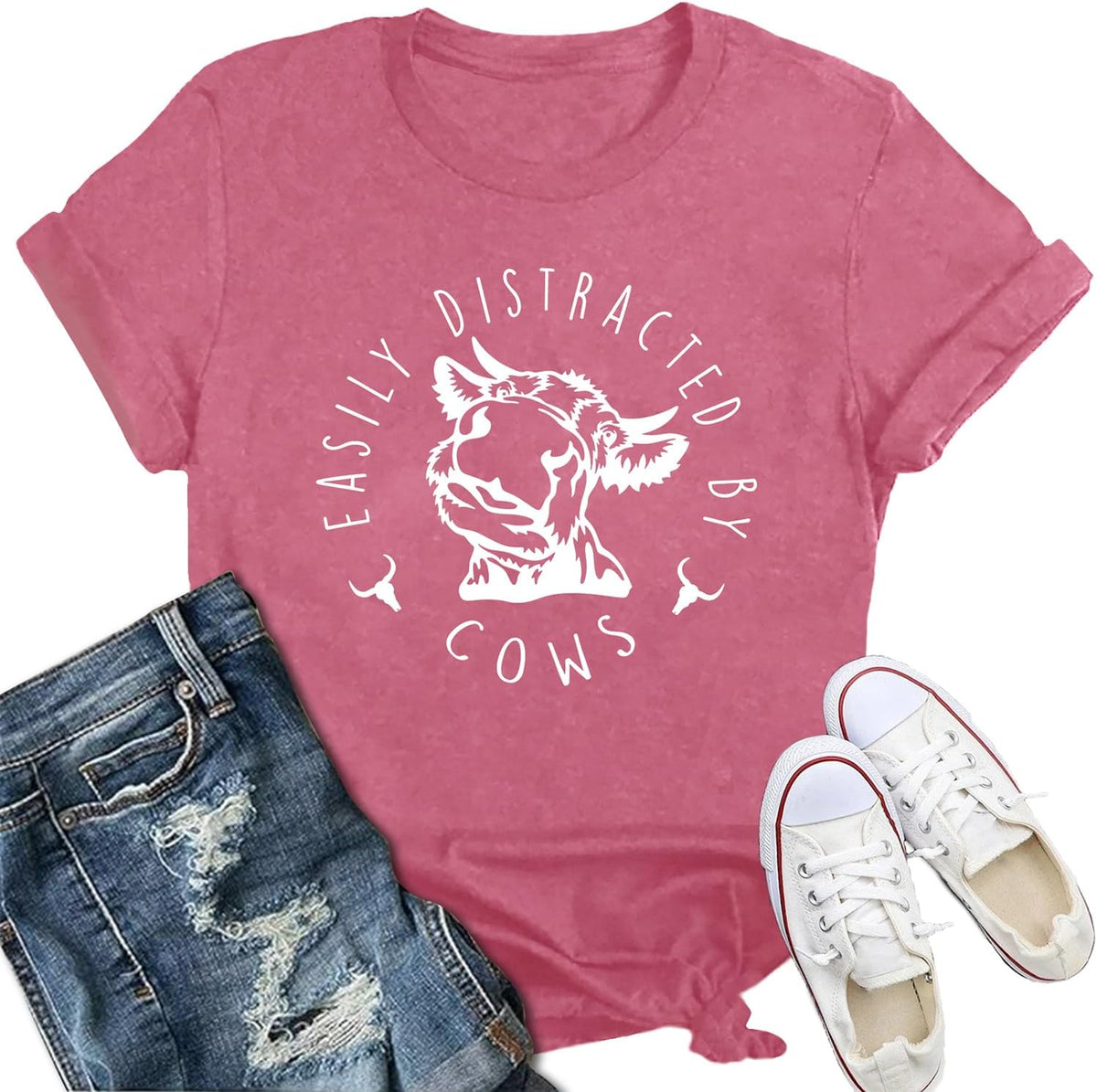 Cow Shirt for Women Easily Distracted By Cows Country Farm Life Tee - Pink
