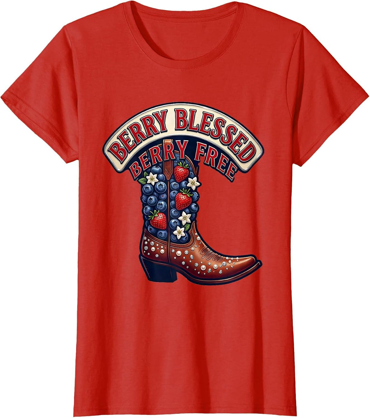 Women's Berry Blessed Berry Free Red White and Blueberries T-Shirt - Red