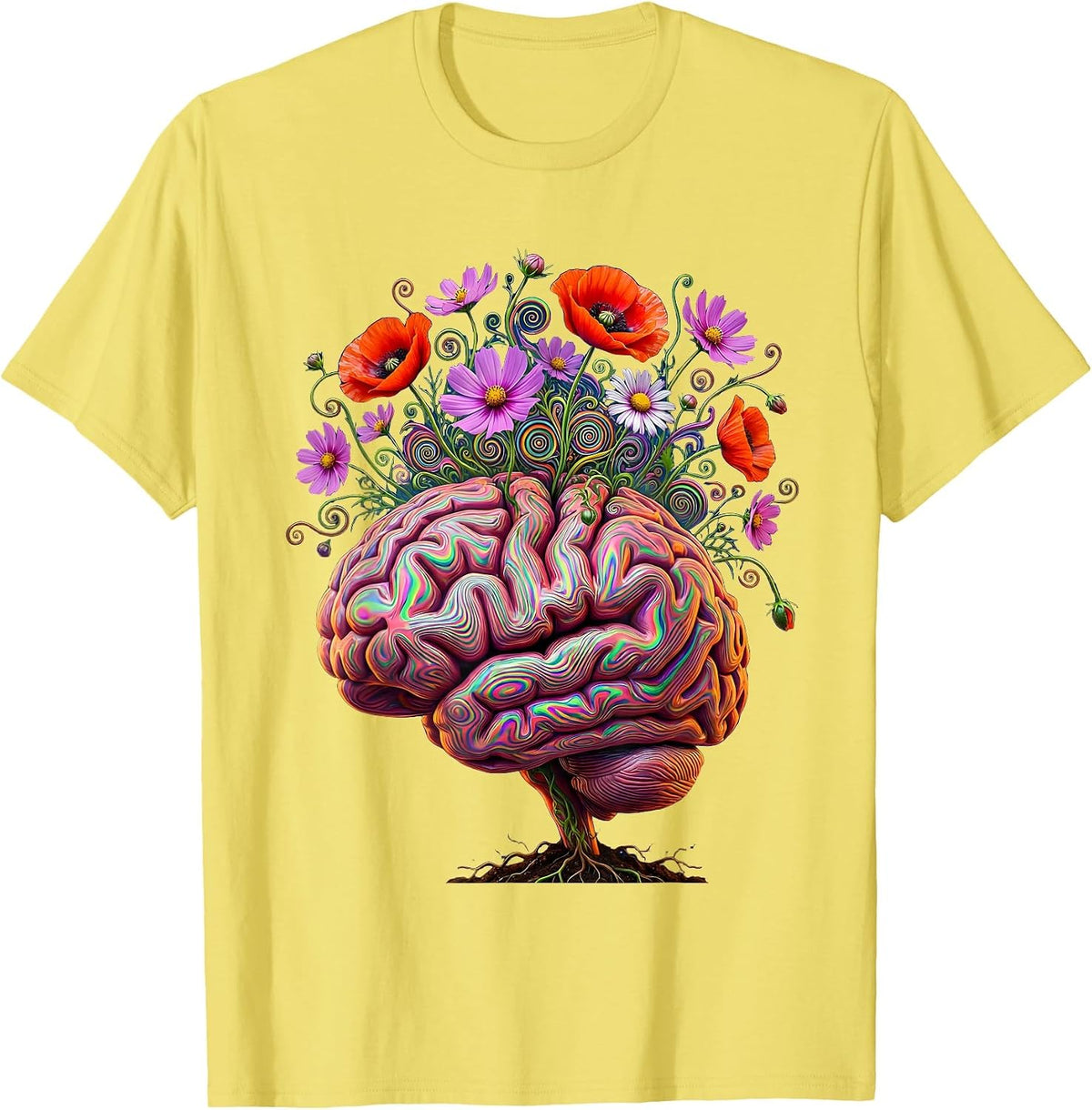 Men's Blooming Brain Wildflower Neurodiversity Art T-Shirt - Lemon Yellow