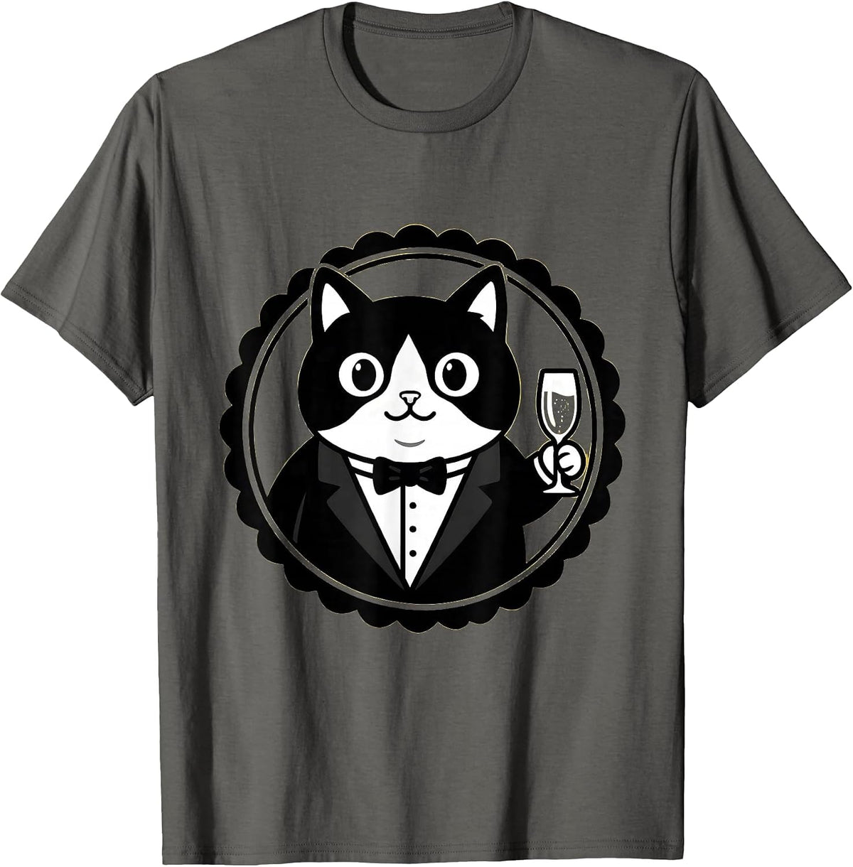 Men's Dapper Cat in Tuxedo Champagne Toast Design T-Shirt - Asphalt Grey