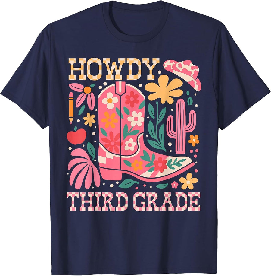 Howdy Third 3rd Grade Cowgirls Teacher Back to School T-Shirt - Navy Blue