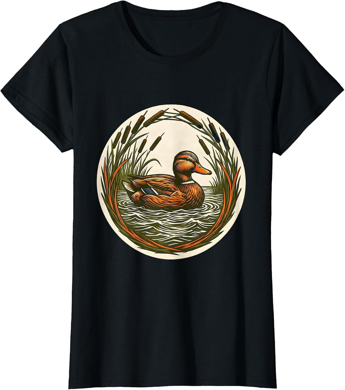 Duck Decoy Marsh Reeds Camo Hunting Illustration T-Shirt - Black