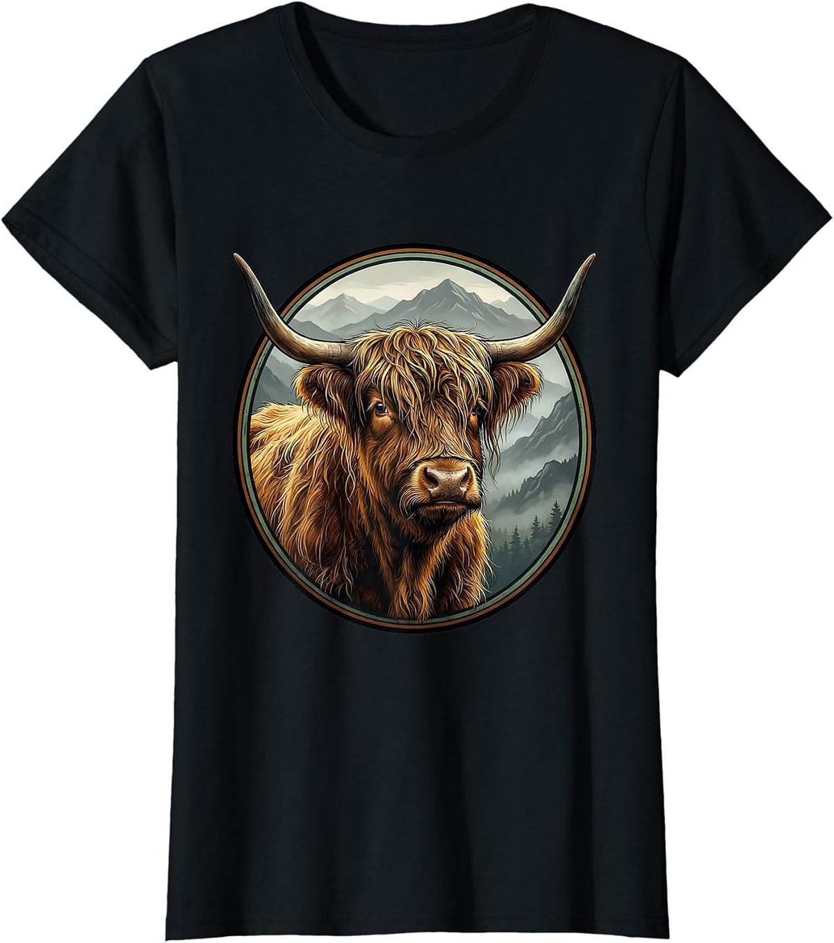 Highland Cow Misty Mountain Illustration T-Shirt - Black