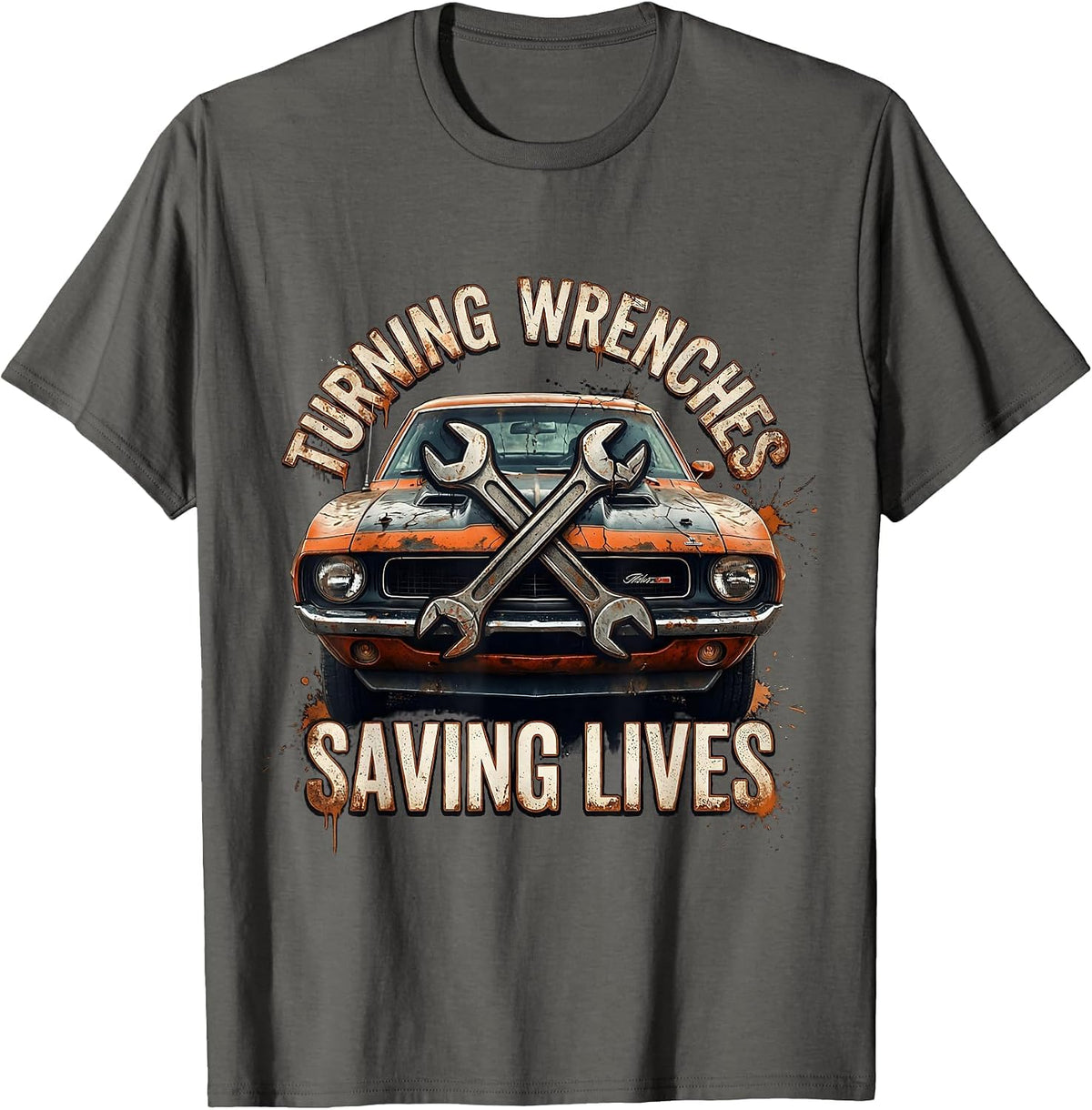 Turning Wrenches Saving Lives Mechanic Design T-Shirt - Asphalt Grey