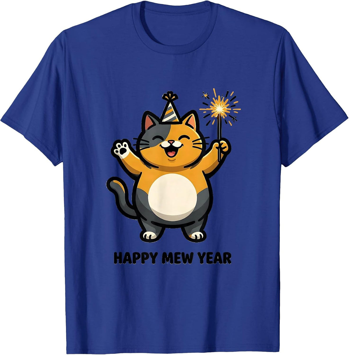 Happy Mew Year Funny Cat Lover Cartoon New Year Humor T-Shirt - Royal Blue