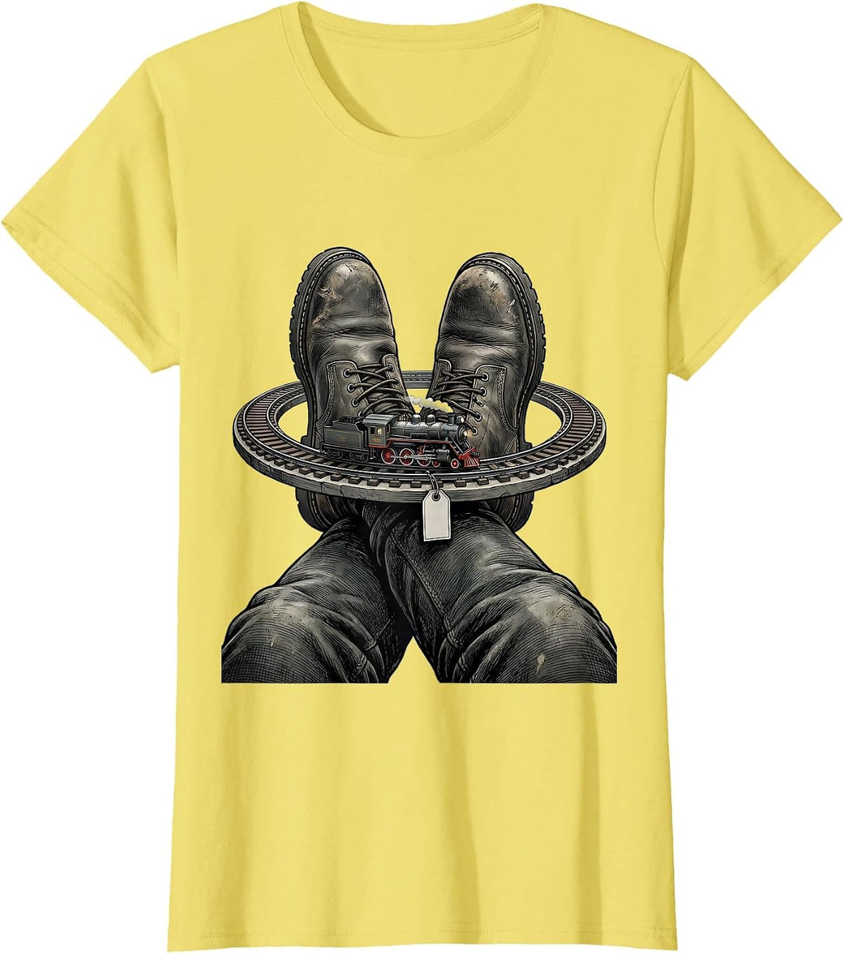 Women's Work Boots Steam Train Locomotive Train Enthusiast Humor T-Shirt - Lemon Yellow