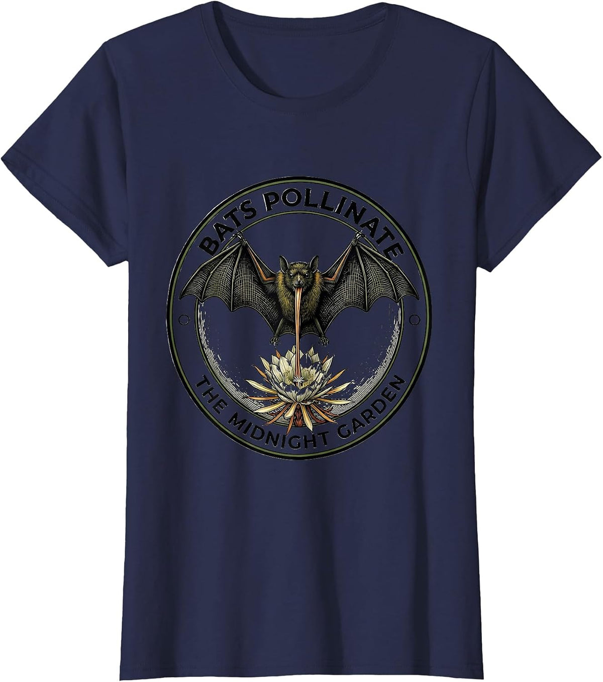 Women's Bats Pollinate The Midnight Garden Vintage Bat Lover T-Shirt - Navy Blue