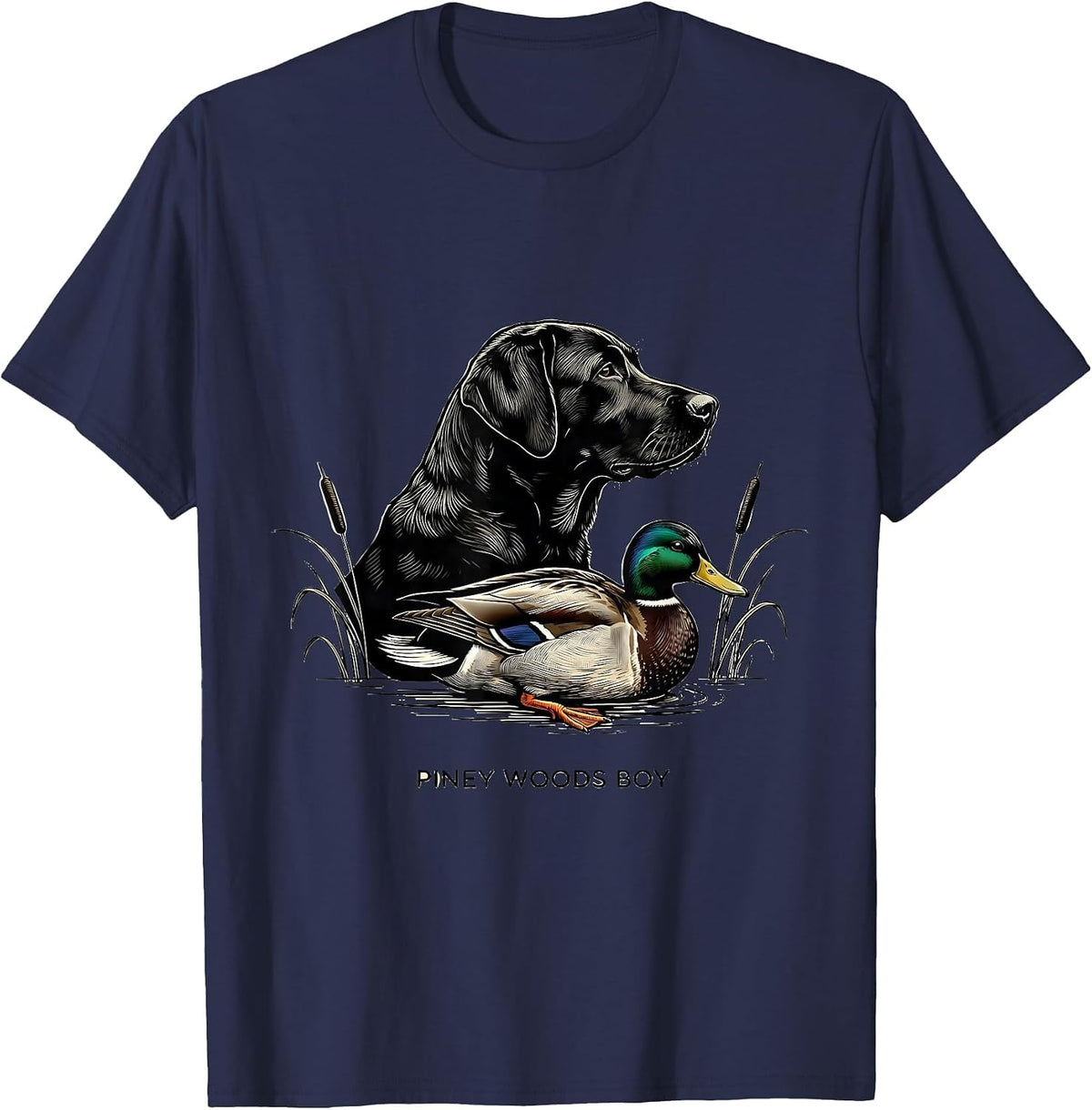 Piney Woods Boy Vintage Labrador Duck Hunting Marsh Scene T-Shirt - Navy Blue