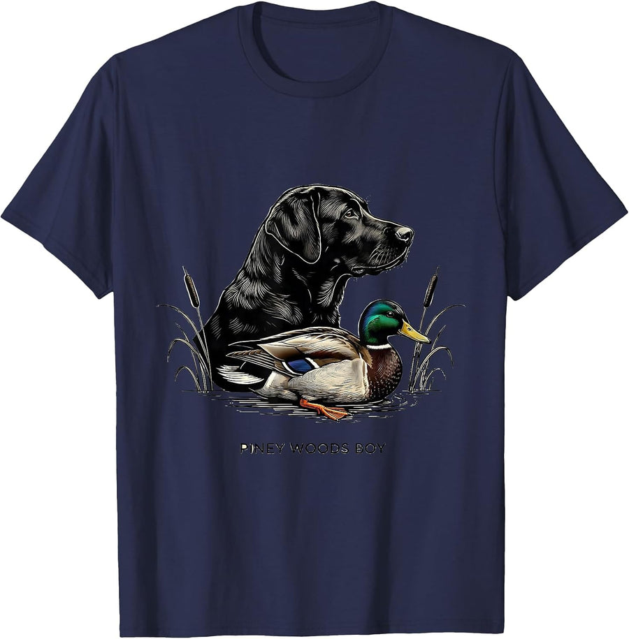 Piney Woods Boy Vintage Labrador Duck Hunting Marsh Scene T-Shirt - Navy Blue