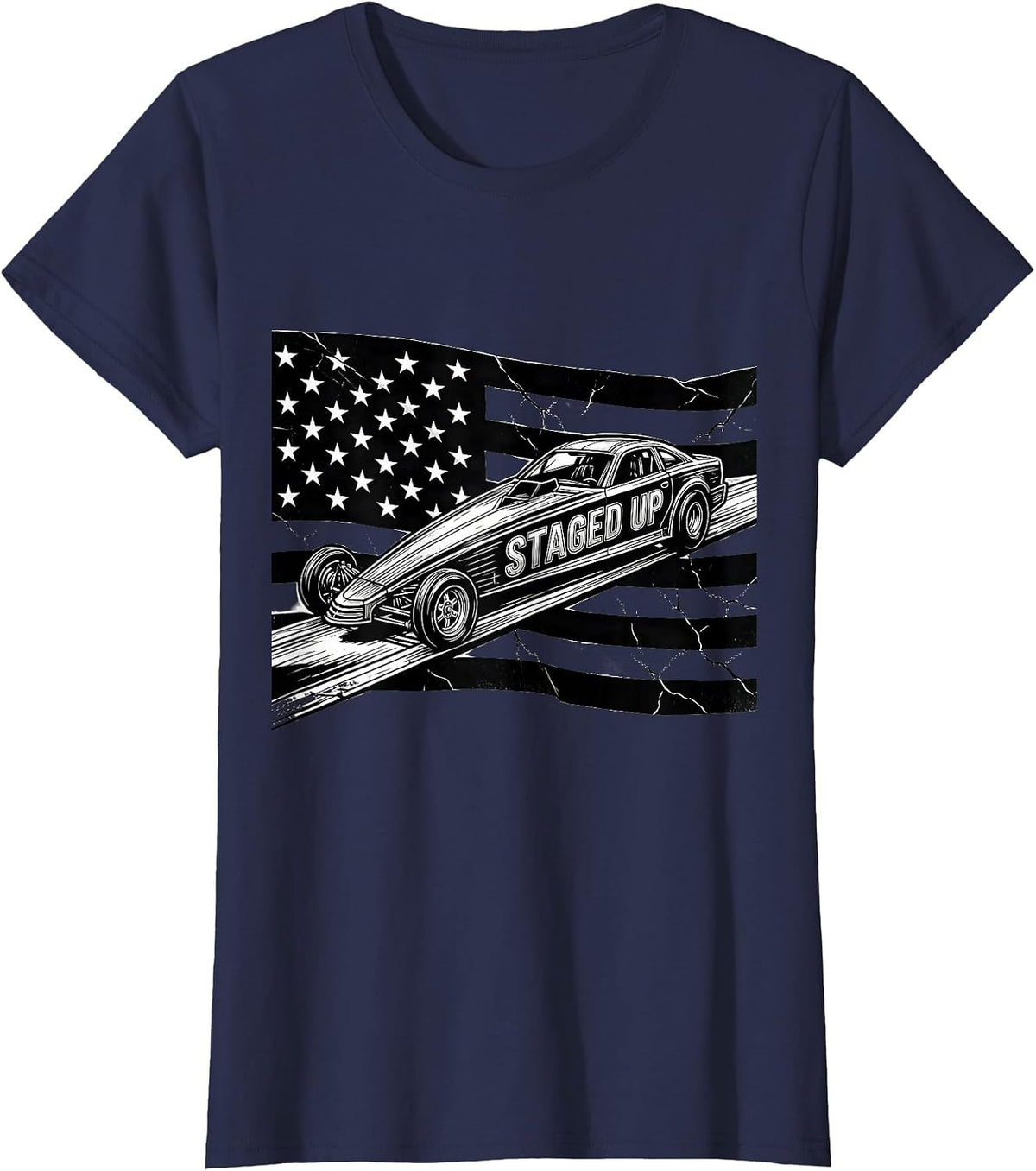 Women's Staged Up Line Art RC Dragster American Flag Racing Hobbyist T-Shirt - Navy Blue