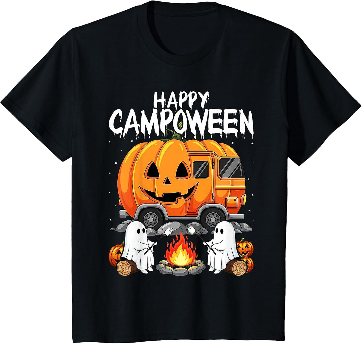 Happy Camp-O-Ween Halloween Camping Ghosts and Campfires T-Shirt - Black