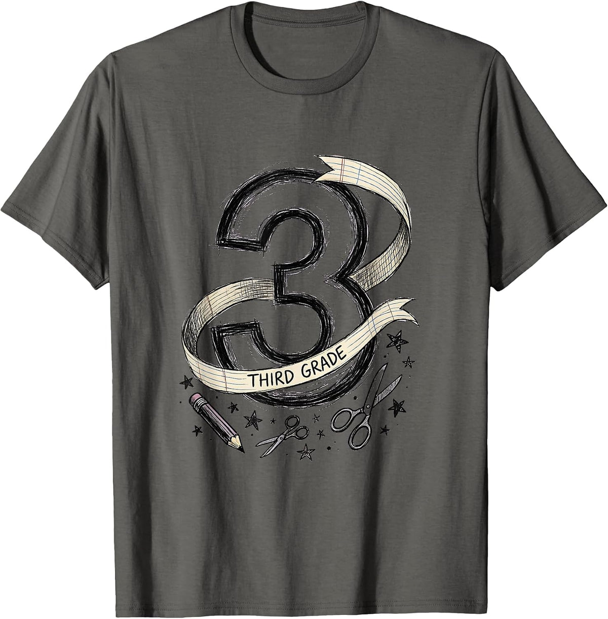 3RD GRADE THIRD GRADE Hand-Sketched Teacher Back to School T-Shirt - Asphalt Grey