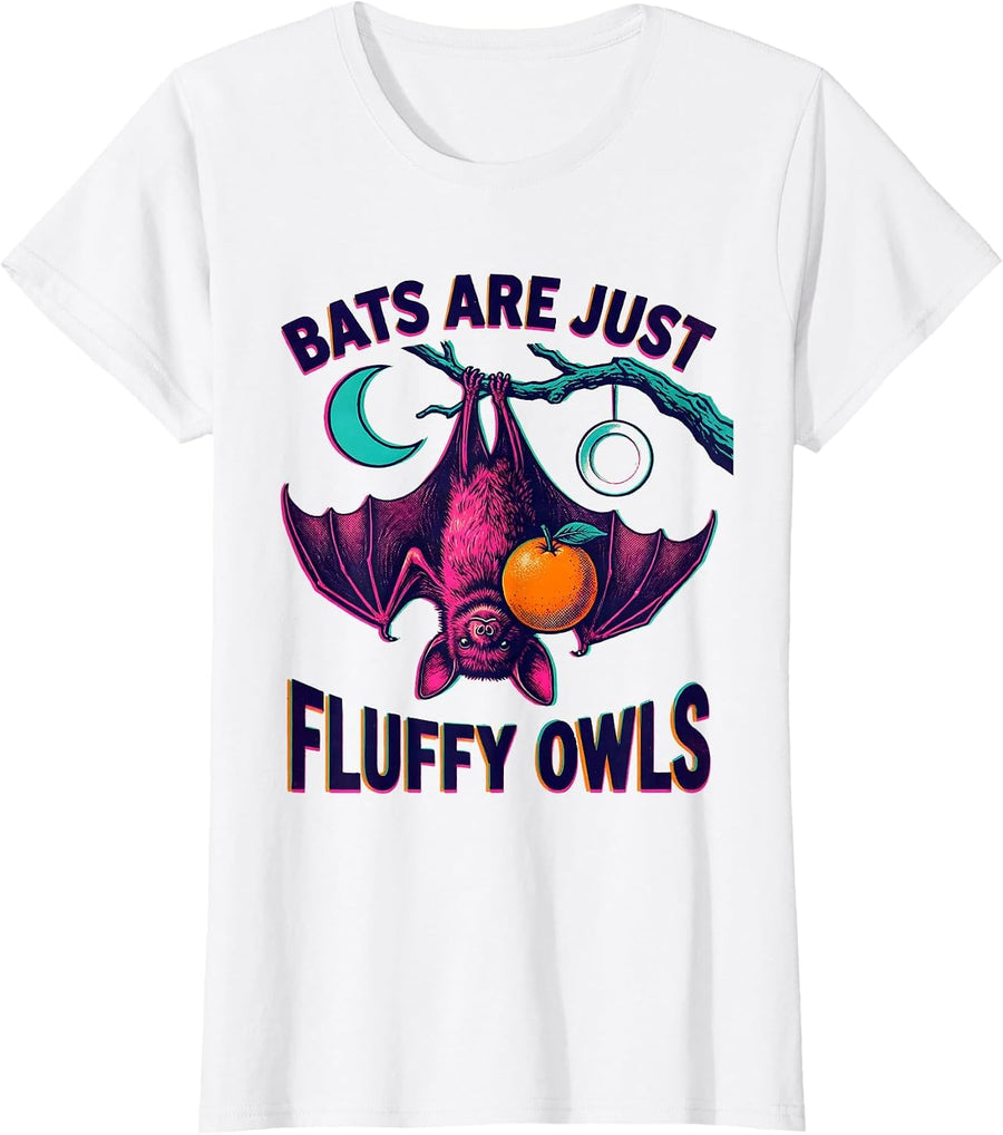 Women's Bats Are Just Fluffy Owls Funny Bat Lover Halloween Animal T-Shirt - White