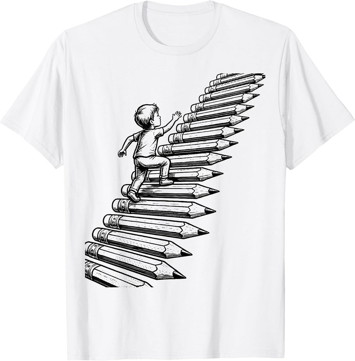Men's Special Education Pencil Staircase Climbing Design T-Shirt - White