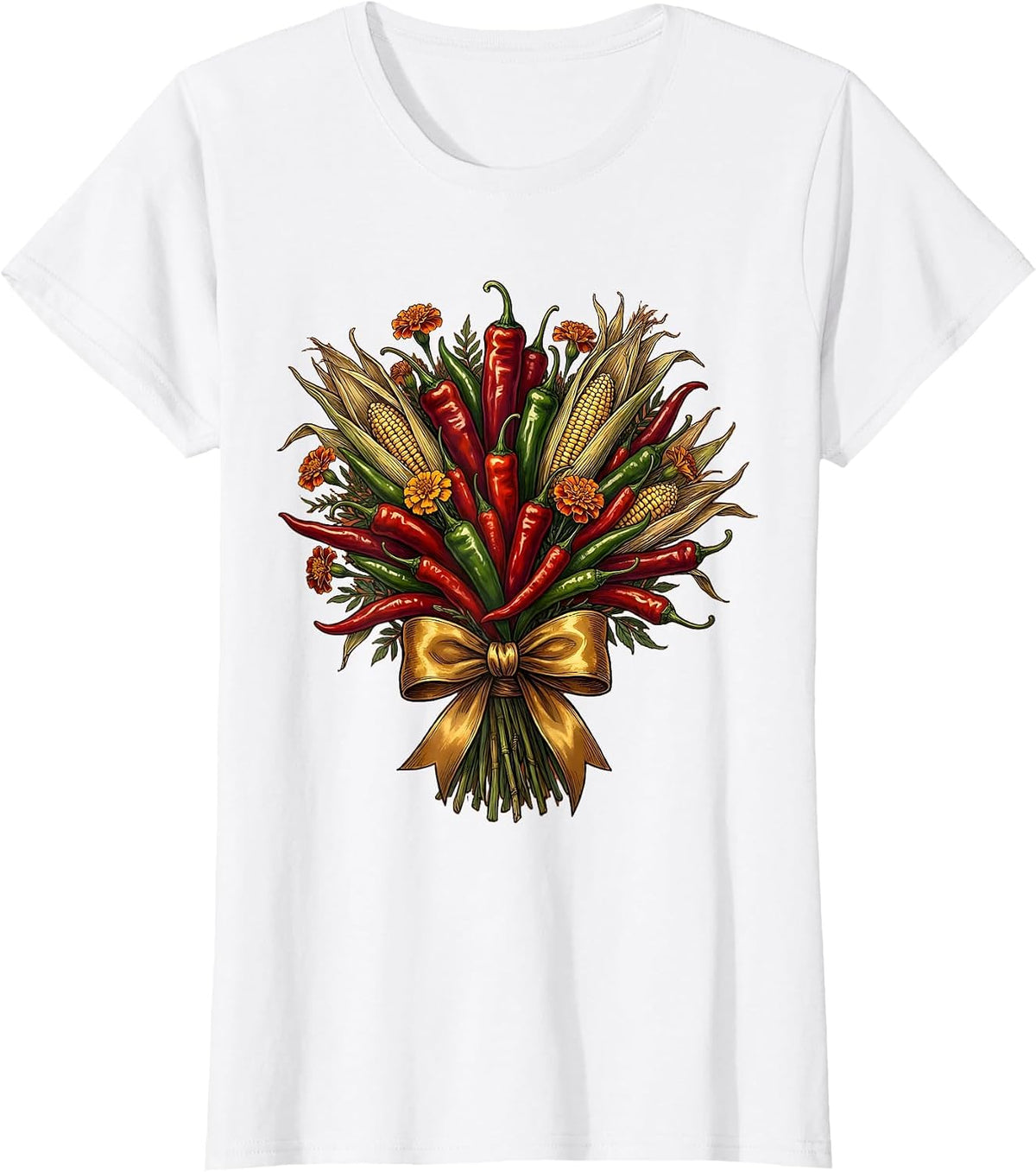 Mexican Chili Pepper Bouquet Ribbon Illustration T-Shirt - White